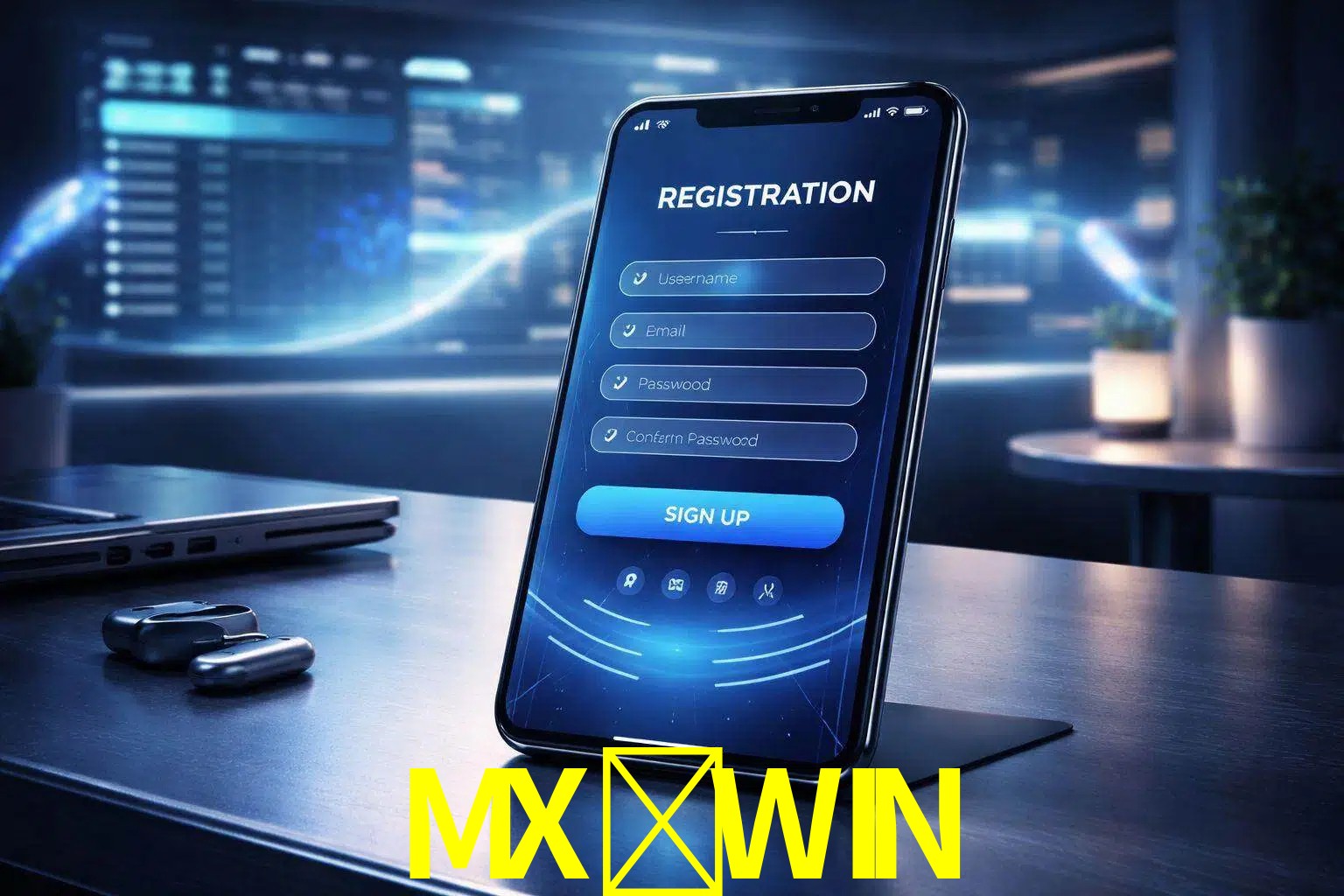 Una interfaz moderna de registro móvil para MX-WIN mostrada en un smartphone con un panel de apuestas elegante.